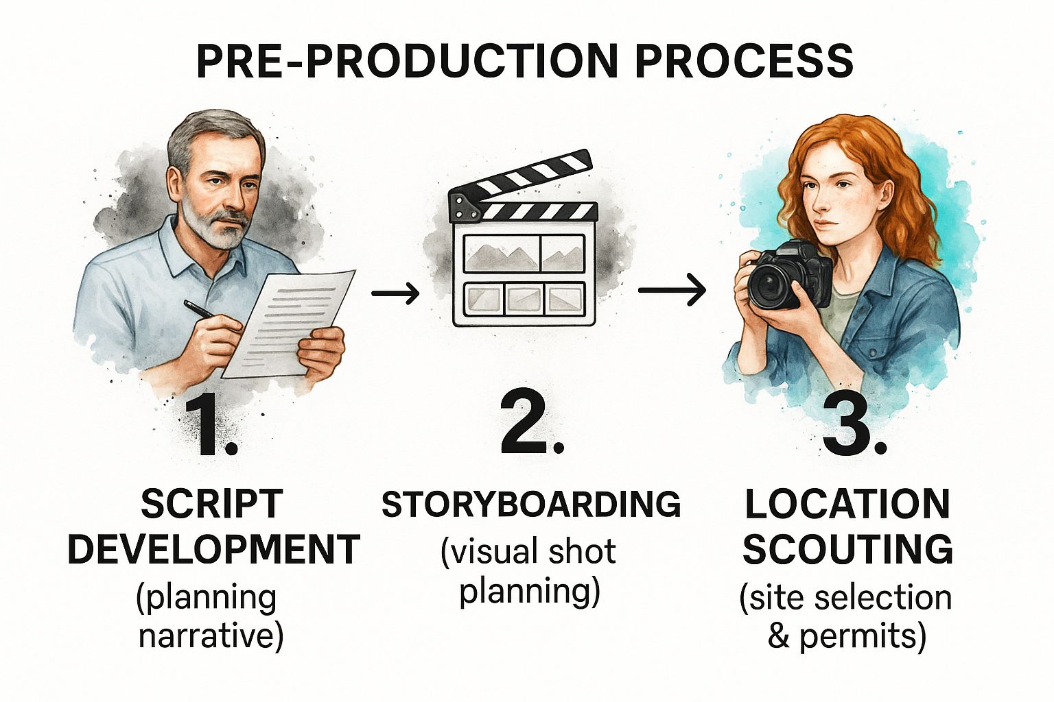 Infographic showing a three-step process flow for pre-production: Script Development, Storyboarding, and Location Scouting.