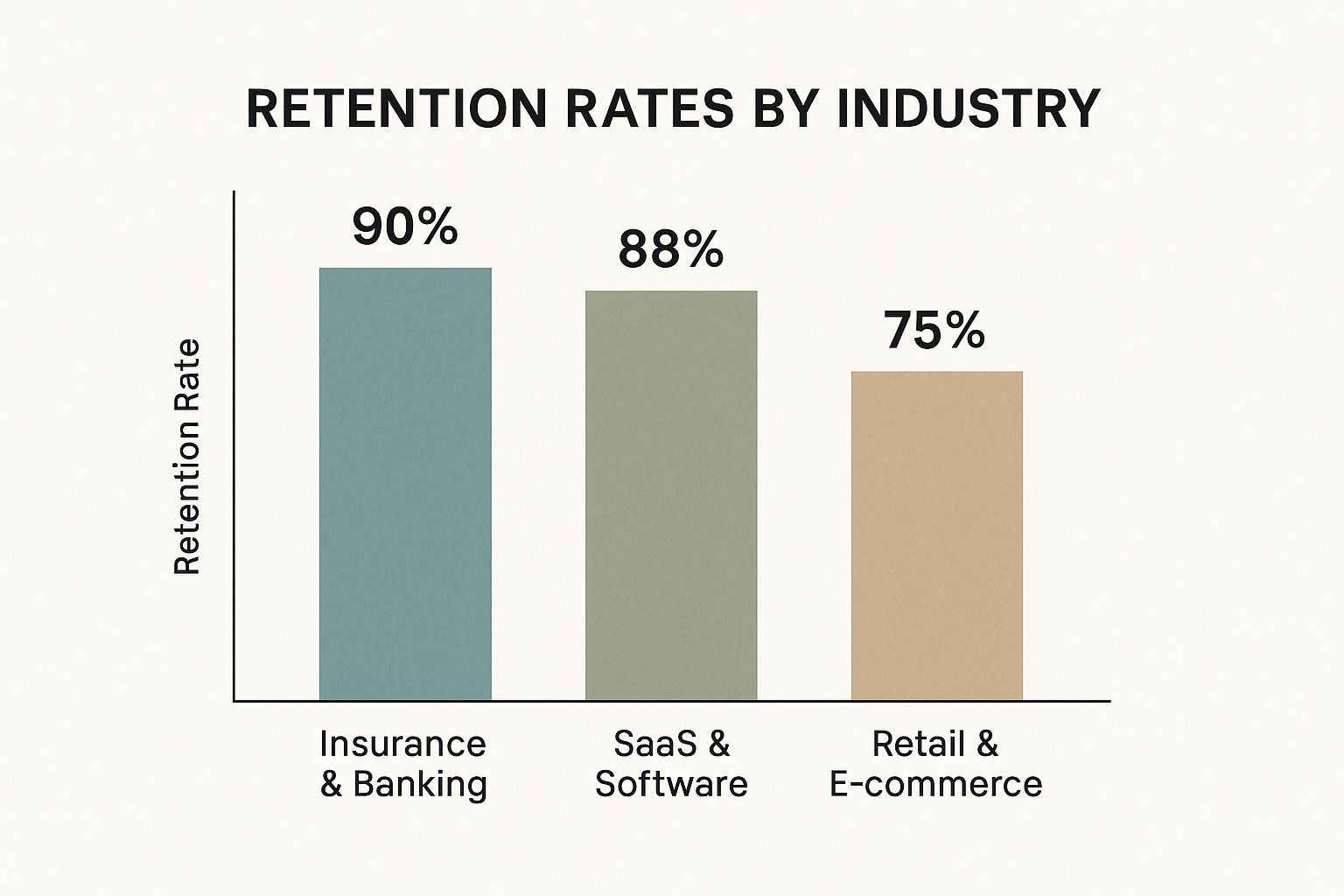 Infographic showing key data about Customer Retention Rates Vary Dramatically by Industry: 70-90%