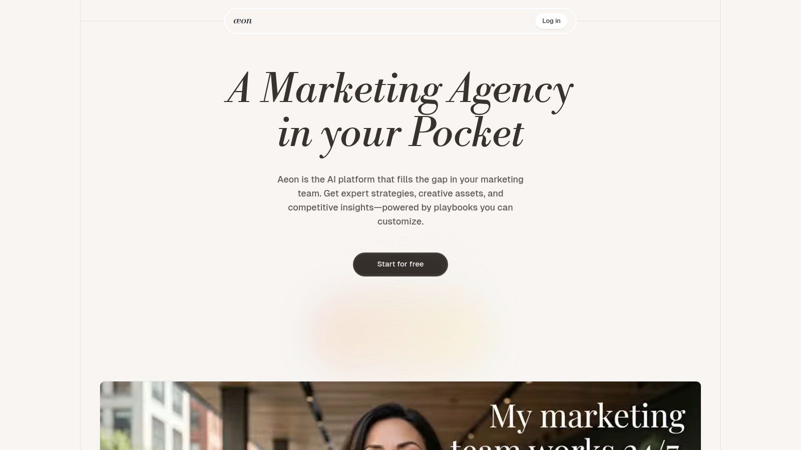 Aeon's AI marketing features, showcasing its capability to turn prompts into ad creatives