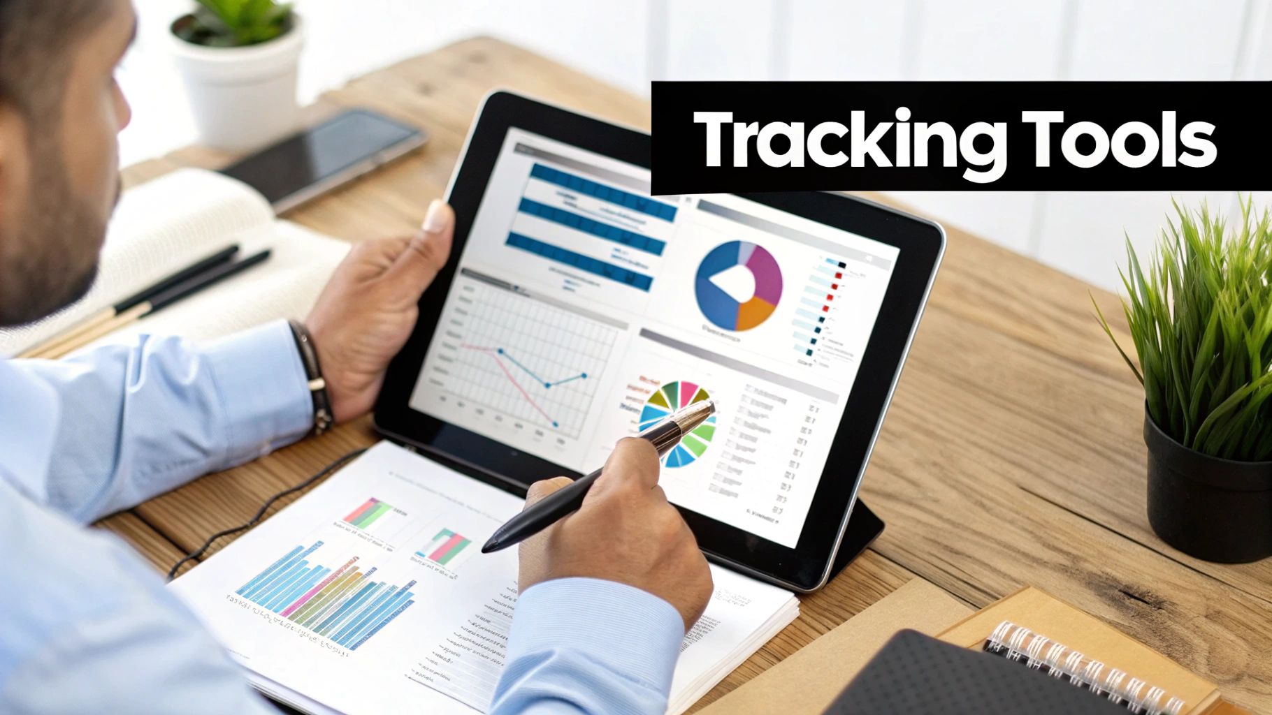 A person working on a laptop with charts and graphs on the screen, representing KPI tracking.