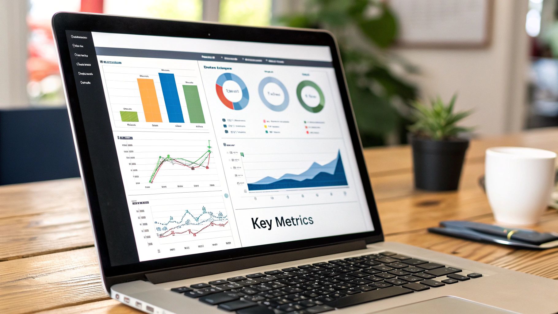 A person pointing at a screen showing various digital marketing charts and graphs.