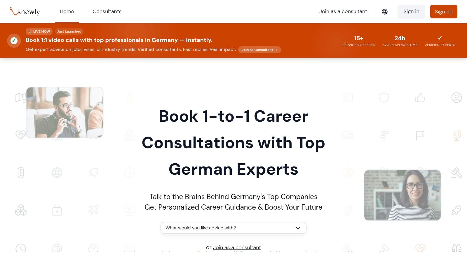 iknowly interface showing a consultant's profile with options for booking sessions
