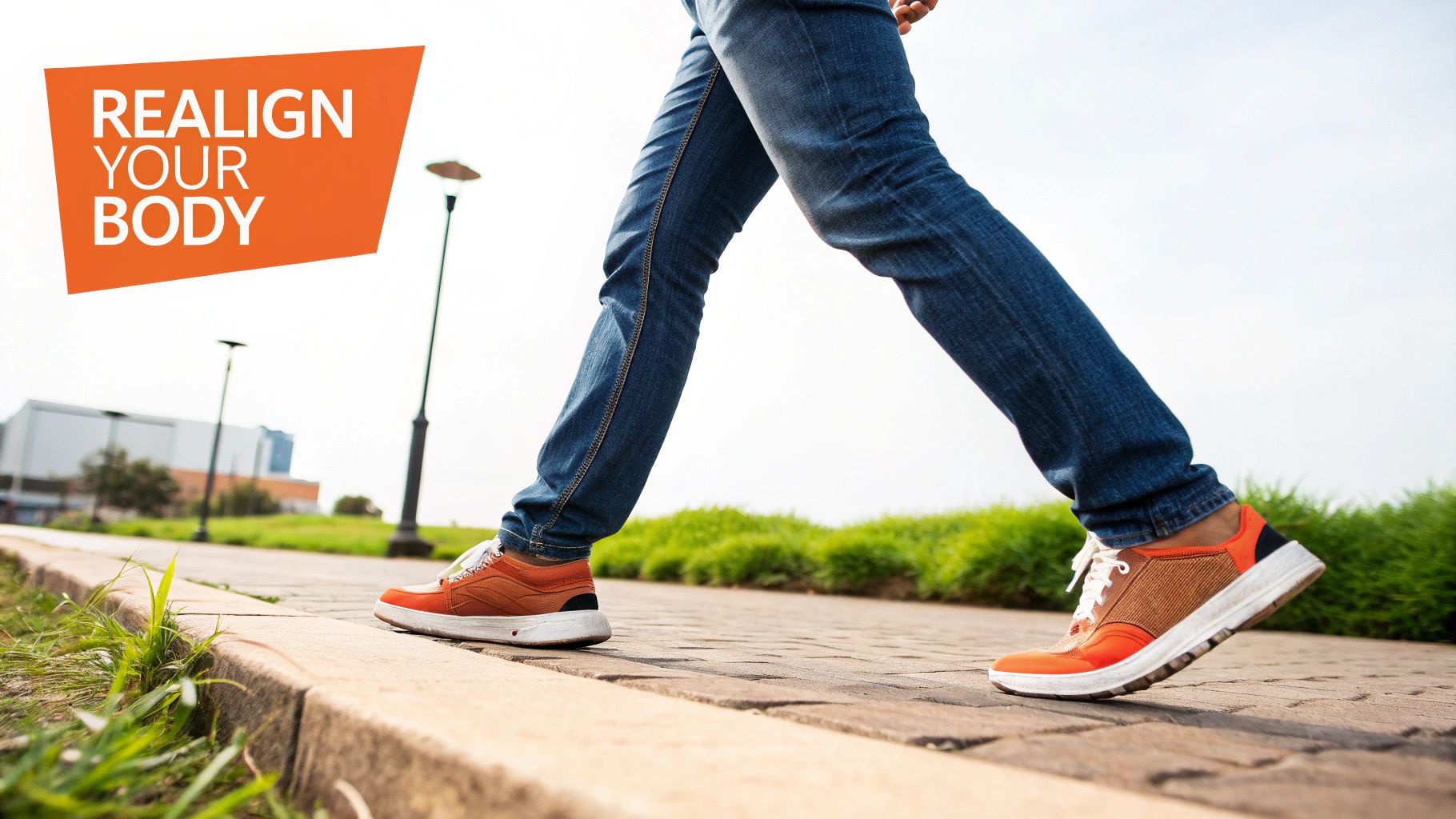 Low angle view of a person wearing jeans and orange sneakers walking on a paved path, with text 'REALIGN YOUR BODY'.