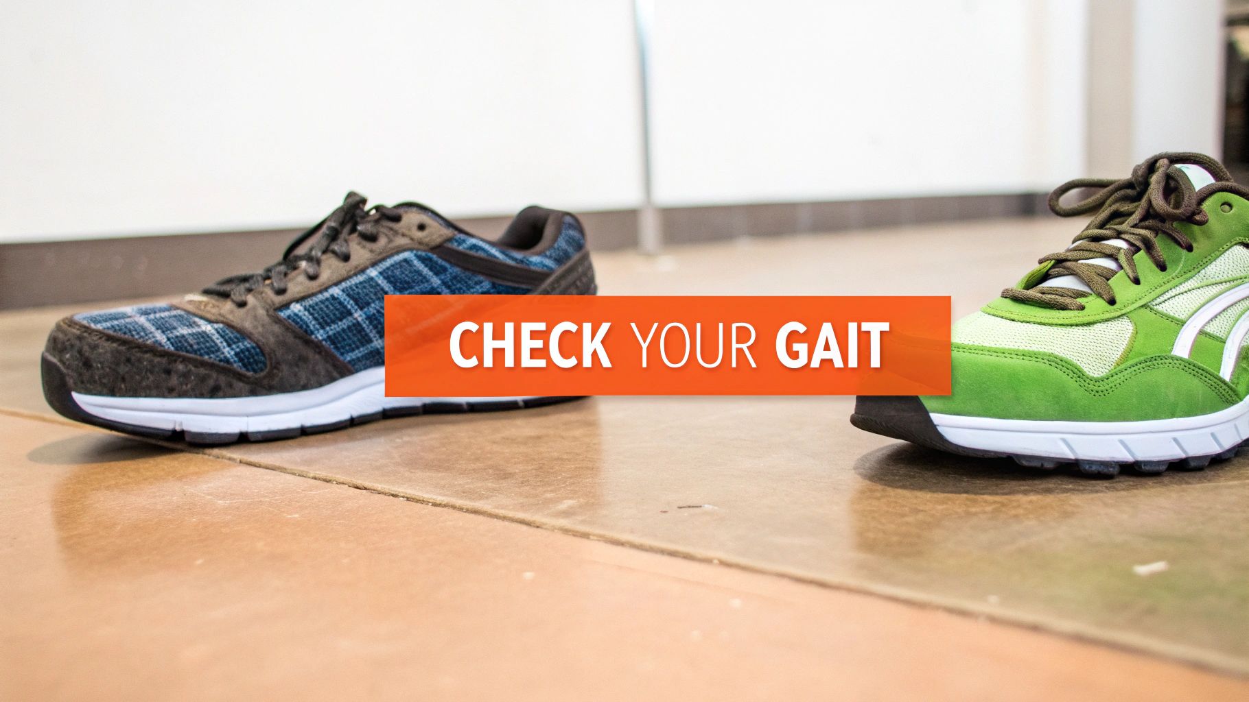Two different athletic shoes, one blue and one green, on a tiled floor with 'CHECK YOUR GAIT' banner.