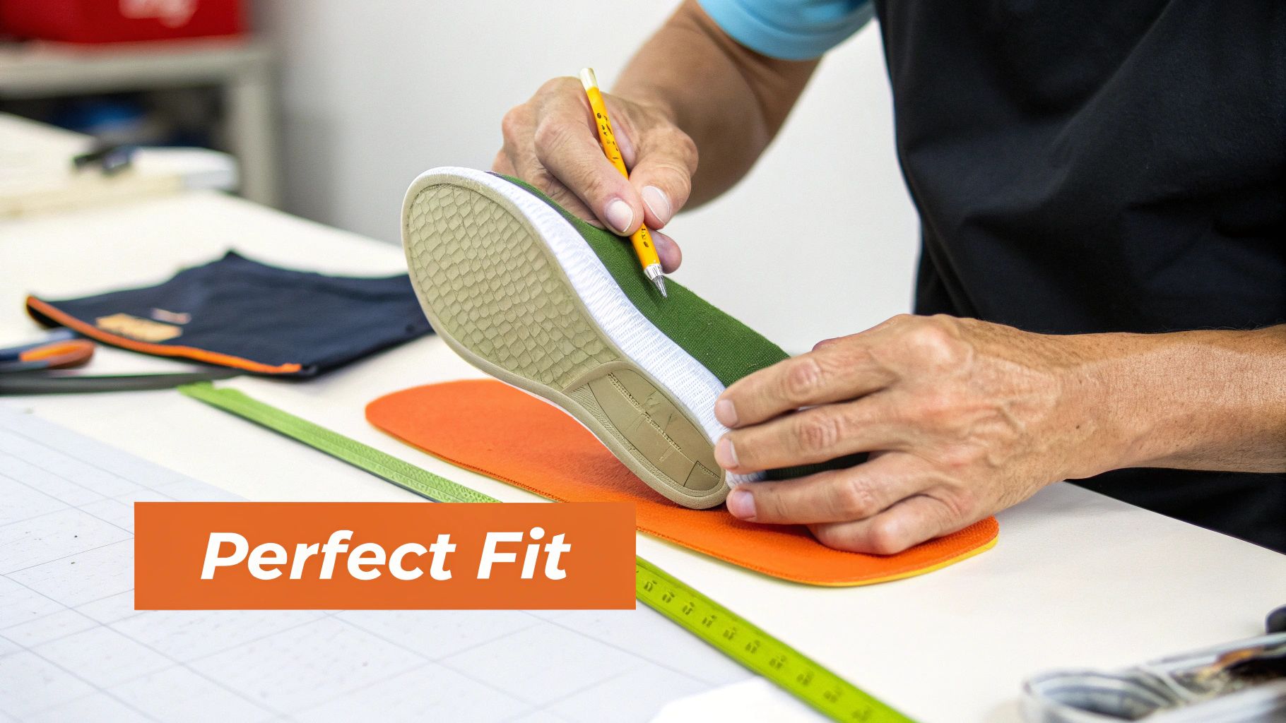 Hands trace a green shoe onto an orange insole material for custom footwear production.