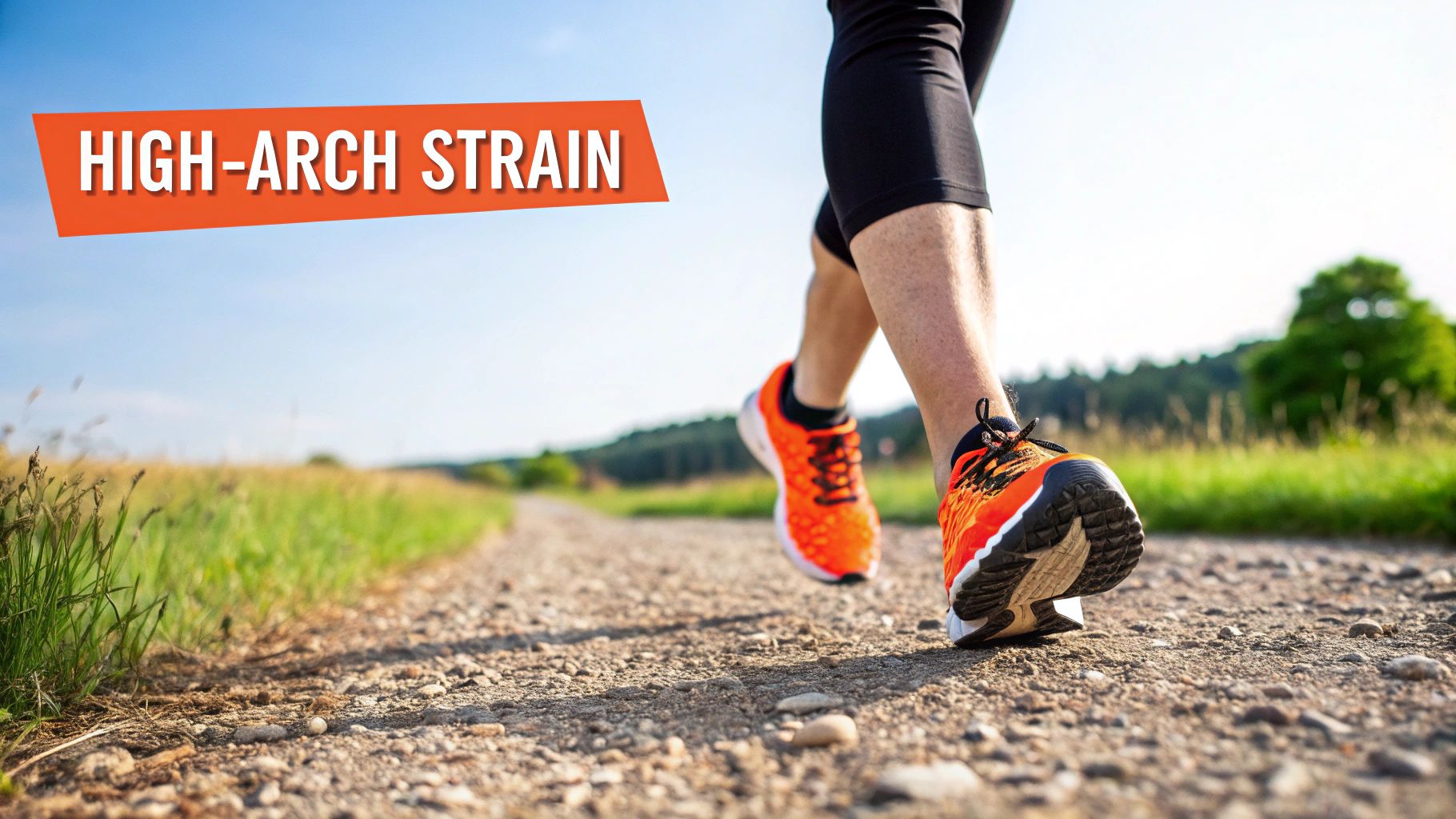 A runner's feet in orange shoes on a gravel path, with text 'HIGH-ARCH STRAIN'.