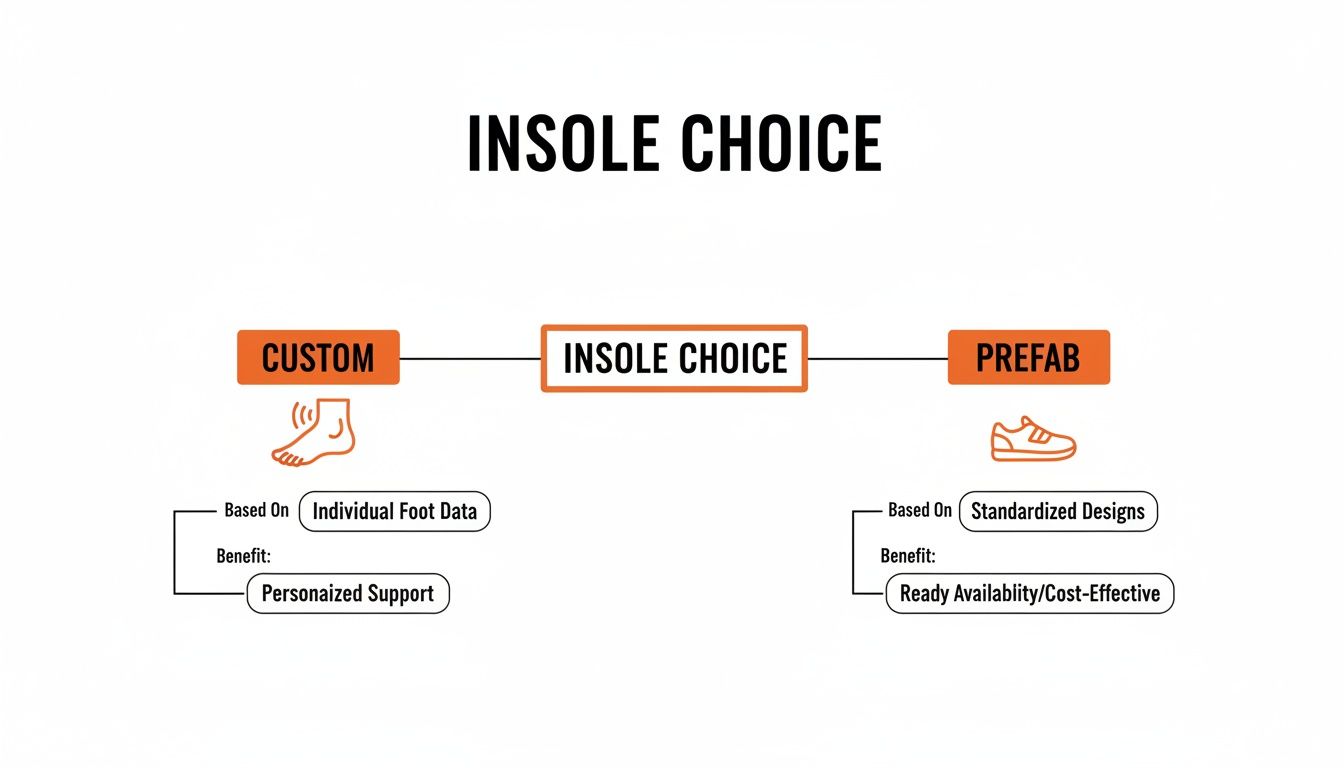 A diagram comparing custom and prefab insoles, detailing their basis in individual foot data versus standardized designs and their respective benefits.