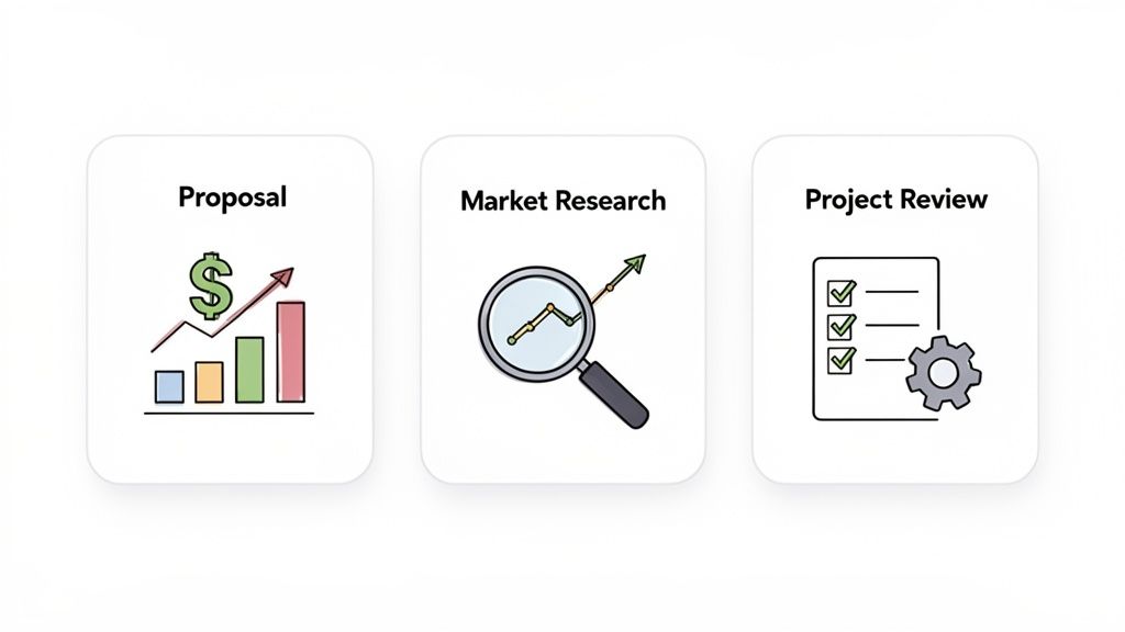 Three cards illustrating business concepts: proposal with financial growth, market research, and project review.