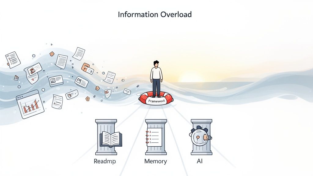 Illustration of a person on a framework lifebuoy amidst information overload, with solutions like Readmp, Memory, and AI.