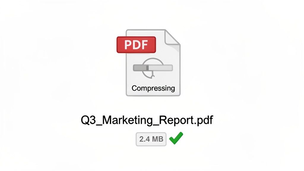 A PDF file icon shows 'Compressing' with filename 'Q3_Marketing_Report.pdf' and size 2.4 MB.