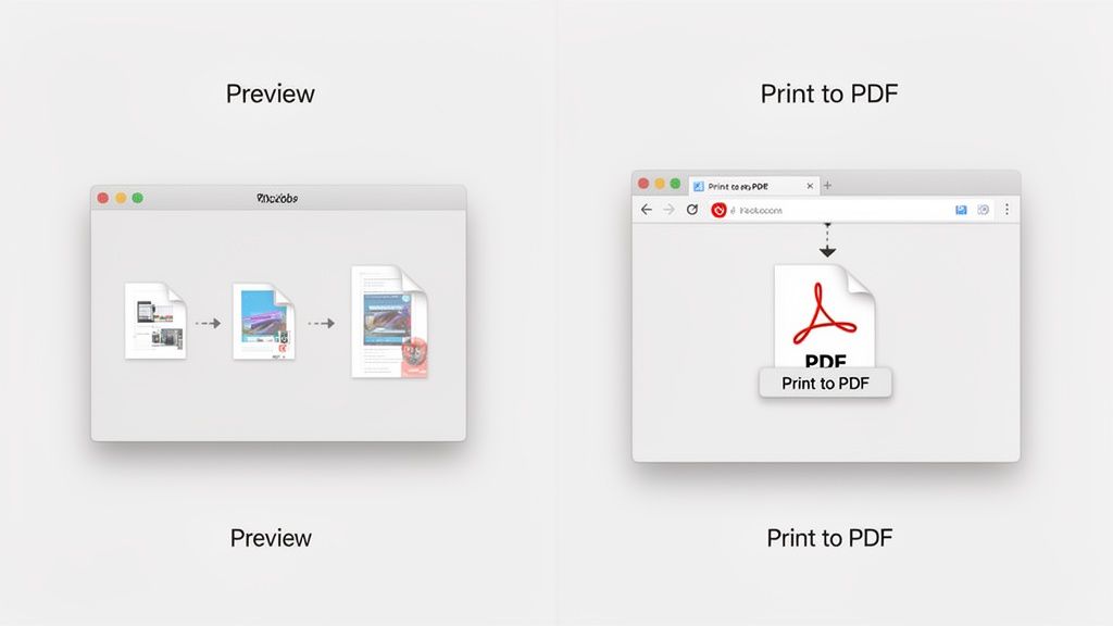 Two distinct processes: combining multiple documents in a preview, and converting to PDF.
