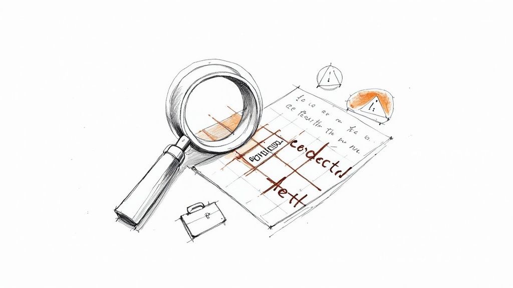 A sketch showing a magnifying glass examining coded text and binary code on a gridded paper, with warning symbols.
