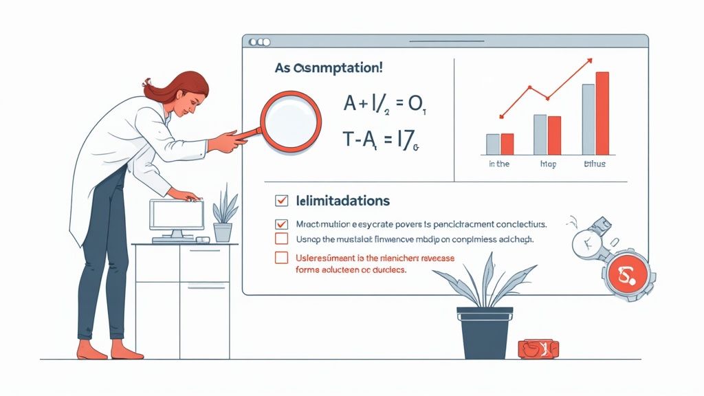 A researcher analyzes data and equations on a large screen with charts and limitations.