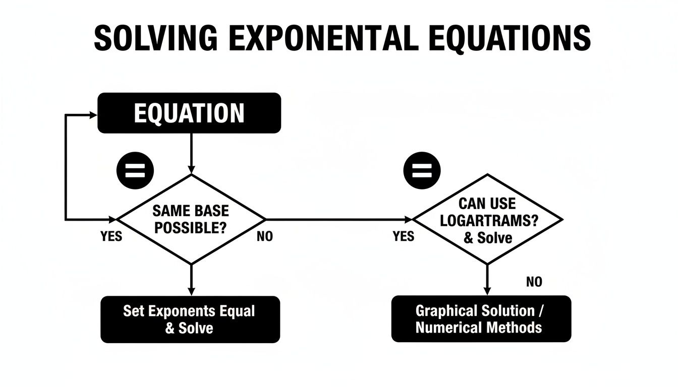 A flowchart illustrates methods for solving exponential equations, guiding through steps like same base, logarithms, and numerical techniques.