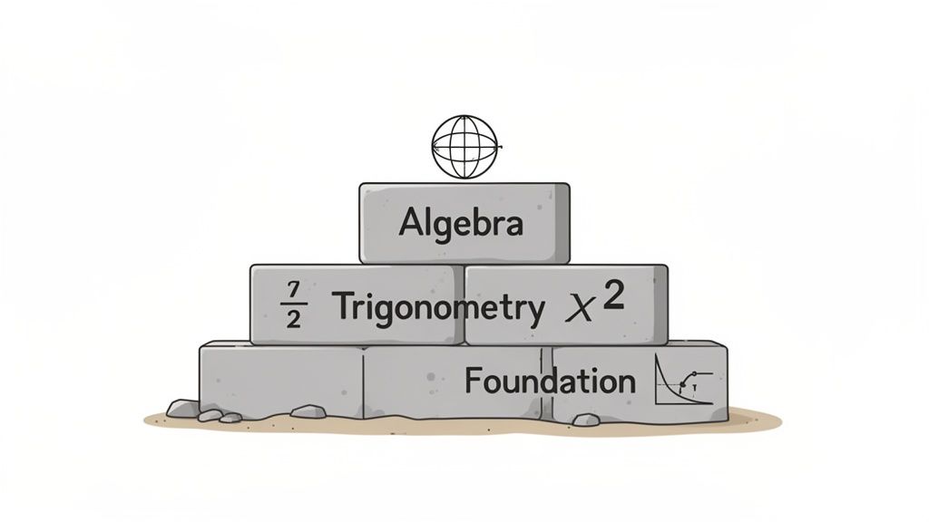 A pyramid of gray building blocks showing mathematical concepts: Foundation, Trigonometry, Algebra, topped by a globe.