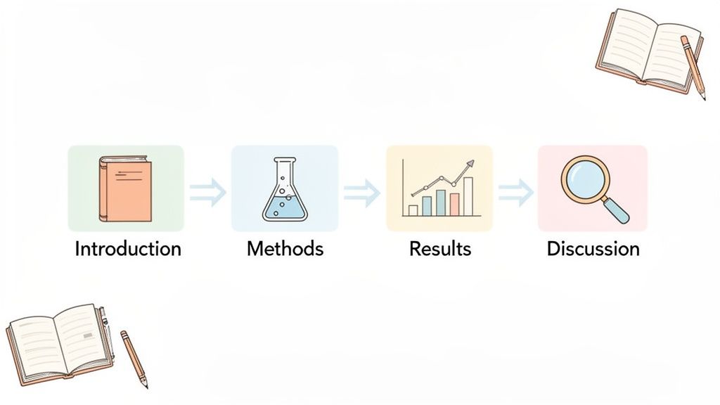 A flowchart illustrates the four main sections of a scientific report: Introduction, Methods, Results, and Discussion.