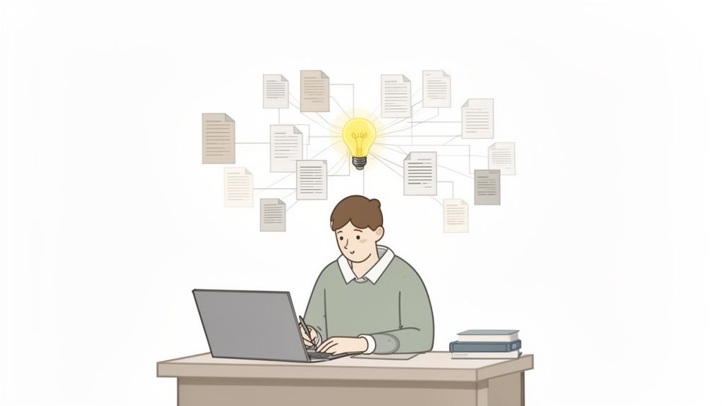 An illustration of a man working on a laptop, surrounded by connected documents and a glowing lightbulb representing an idea.
