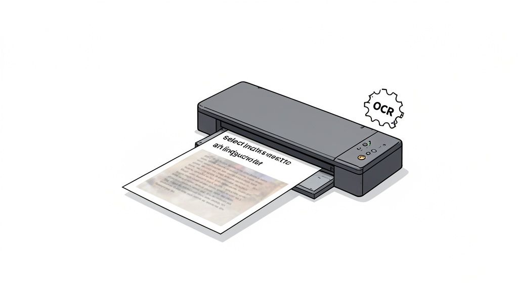 A gray printer processes a document, with an OCR gear icon above, symbolizing text extraction.