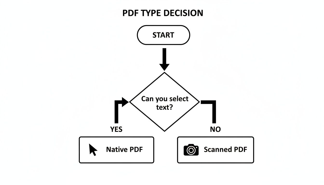 Flowchart illustrating how to differentiate between Native PDF and Scanned PDF based on text selection.