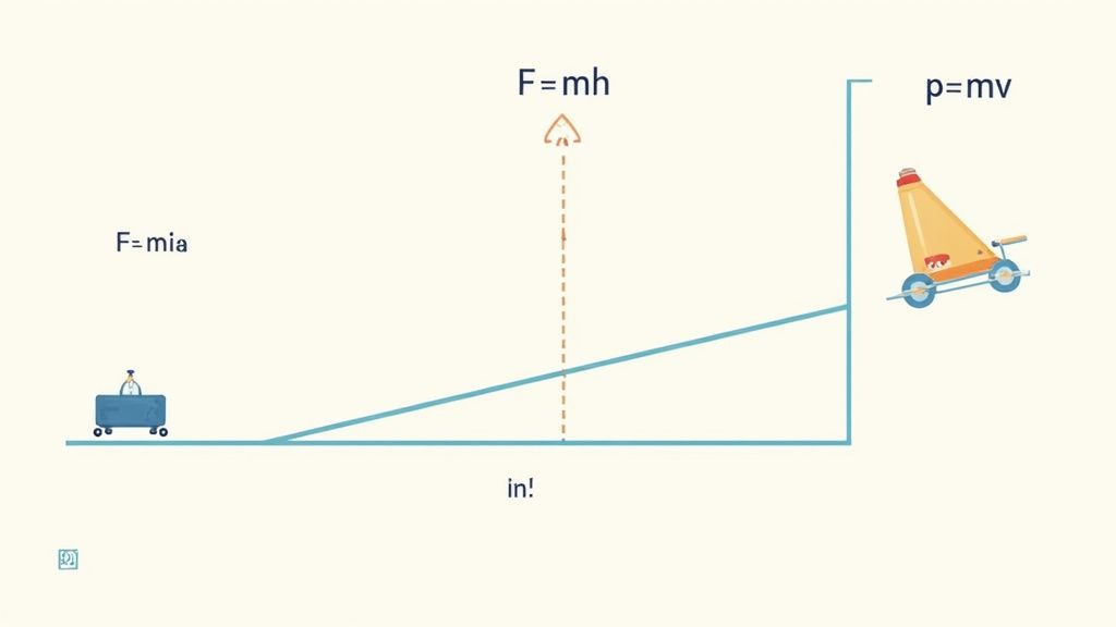 A diagram showing Newton's cradle, illustrating the principles of momentum and energy conservation.