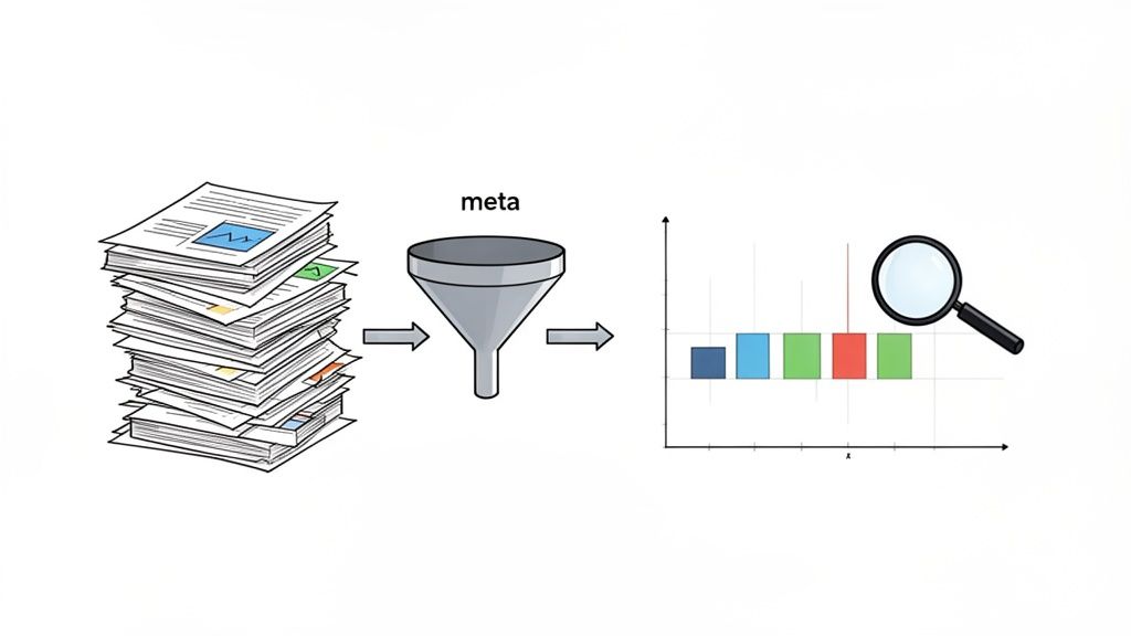 Process of extracting and analyzing metadata from a stack of documents using a funnel and bar chart.