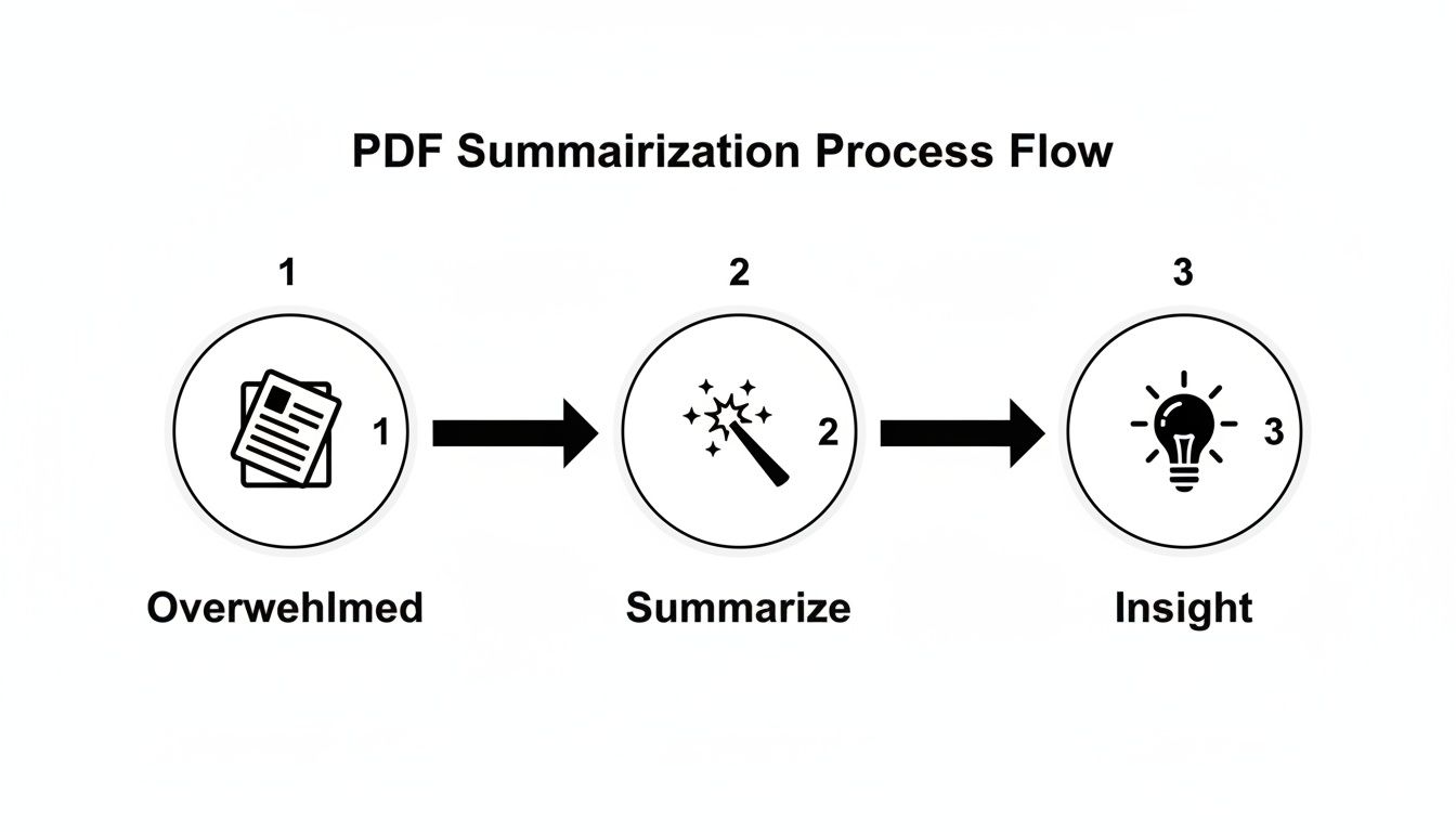 A process flow diagram showing PDF summarization: from documents, through summarizing, to gaining insights.