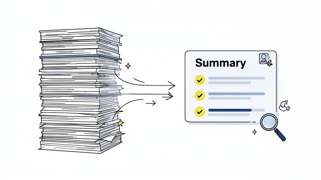 A large stack of papers transforms into a concise digital summary on a screen, symbolizing efficient information processing.