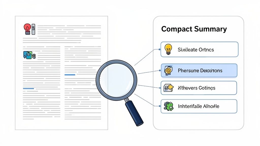 A document is analyzed with a magnifying glass, extracting key information into a compact summary.