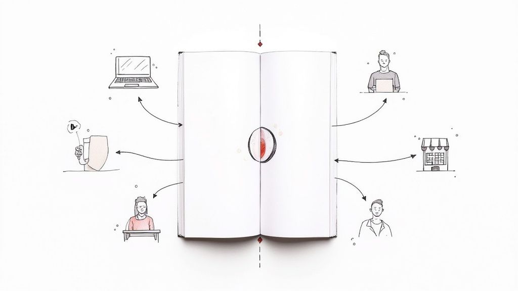 A conceptual diagram showing an open book as a central hub, connected to various icons representing digital tools, people, and a store.
