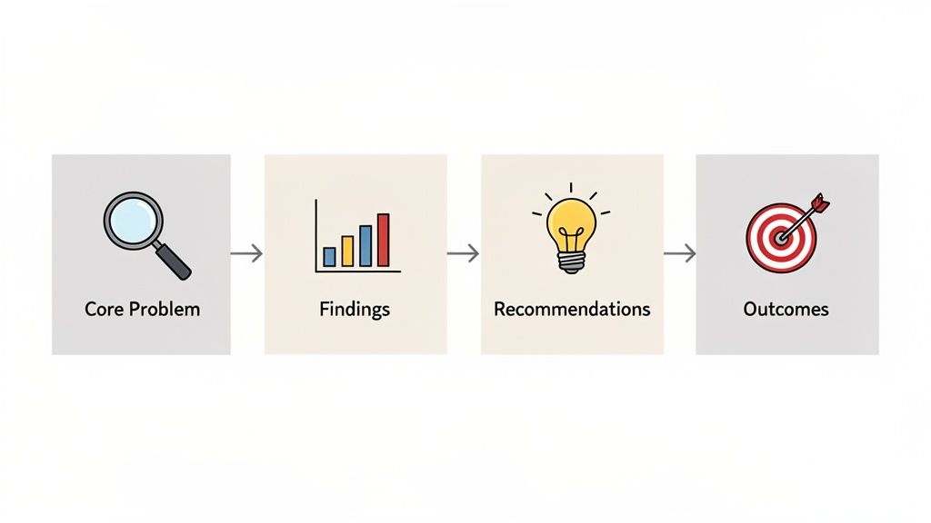 A flowchart detailing a report process: core problem, findings, recommendations, and measurable outcomes.