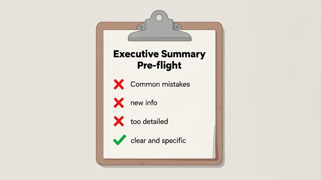 A clipboard with an 'Executive Summary Pre-flight' checklist, showing common mistakes and a green check for 'clear and specific'.