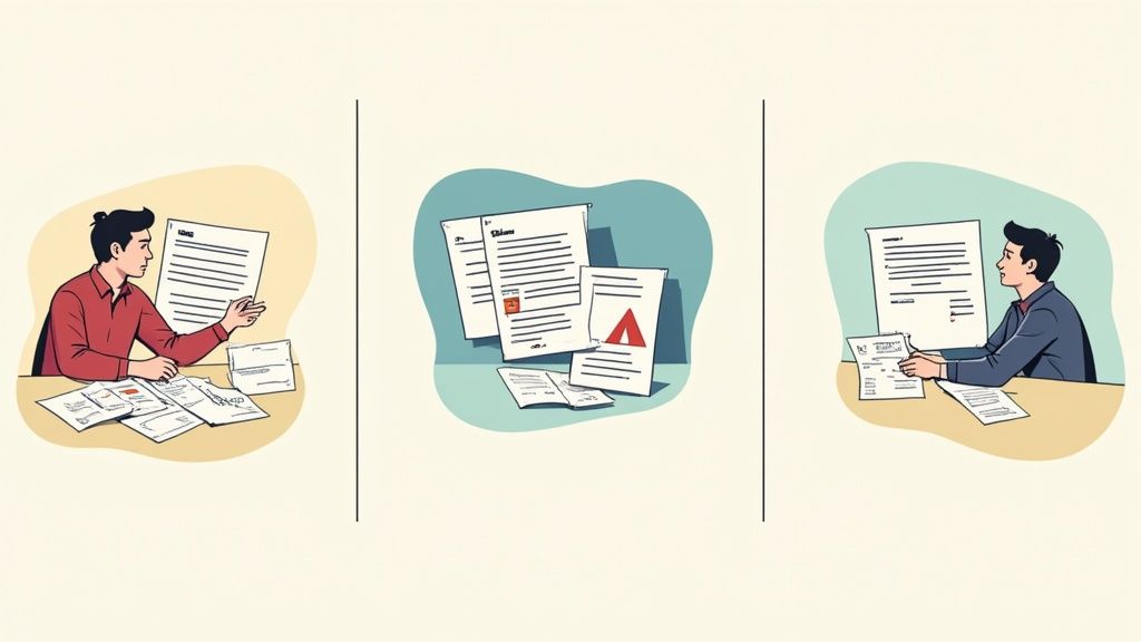 An illustration of people reviewing and sorting various documents, representing paperwork management and summary.