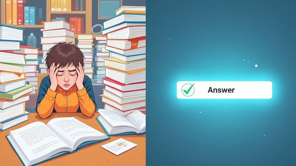 A stressed student overwhelmed by stacks of books, with an 'Answer' box on a blue background.