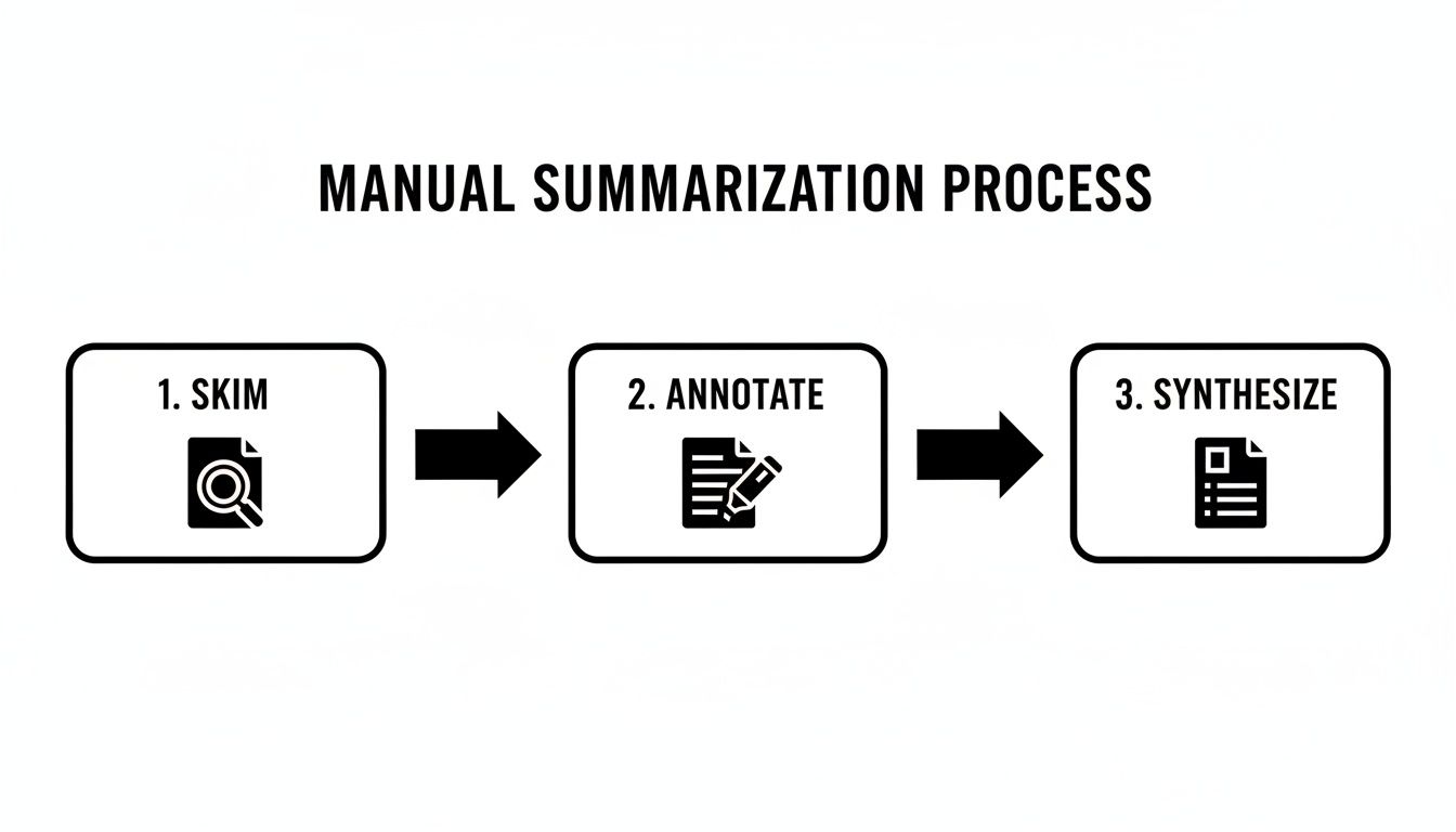 A flowchart illustrating the manual summarization process with three steps: skim, annotate, and synthesize.