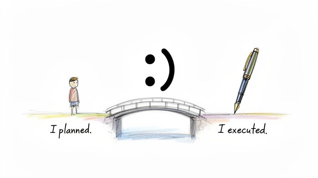 Cartoon showing a person planning and a pen executing, linked by a bridge, leading to a smiley face.