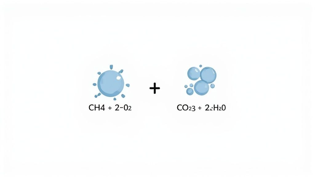 Illustration showing the chemical reaction of methane combustion: CH4 + 2O2 yielding CO2 + 2H2O.