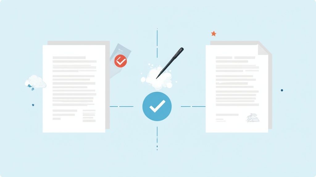 Illustration of a digital document workflow with two papers, a pen, and a central checkmark representing approval.