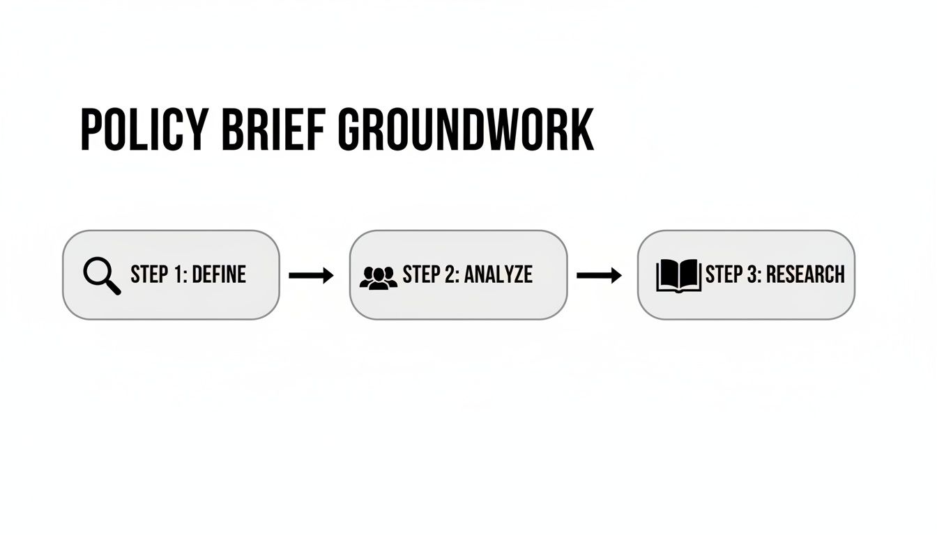A three-step process diagram for policy brief groundwork, showing Define, Analyze, and Research.