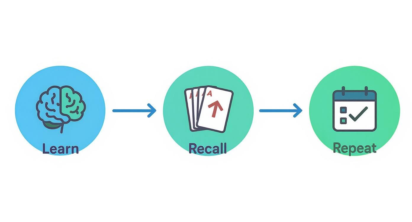 Illustration of a study process: Learn (brain), Recall (flashcards), and Repeat (calendar with checkmark) steps.