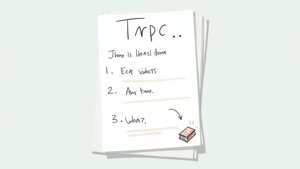 A stack of white papers with handwritten notes, including a list and a red book illustration.