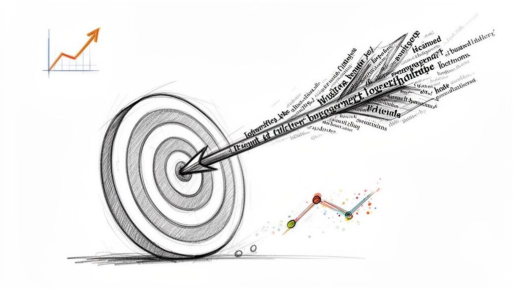 A sketched target with a text-feathered arrow hitting the bullseye, showing growth graphs.