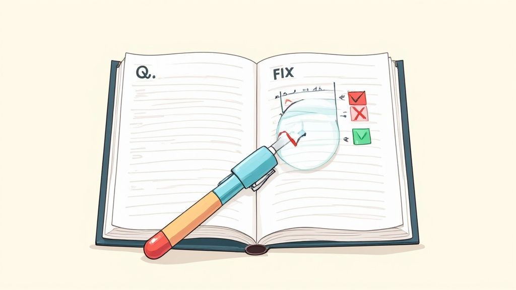 A student looking at a notebook with charts and notes, analyzing their work.