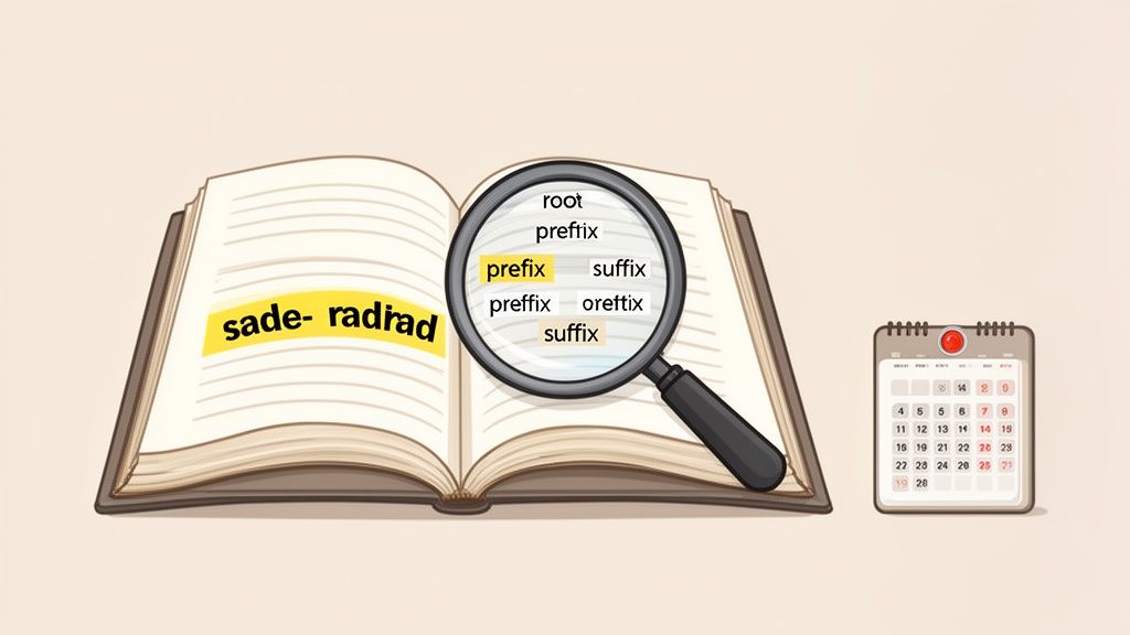 An open dictionary with a highlighted word, a magnifying glass displaying 'prefix' and 'suffix', and a calendar.
