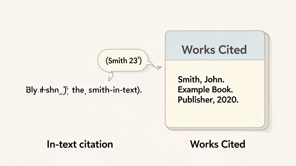 Diagram showing an in-text citation (Smith 23) linking to its corresponding Works Cited entry for Smith, John.