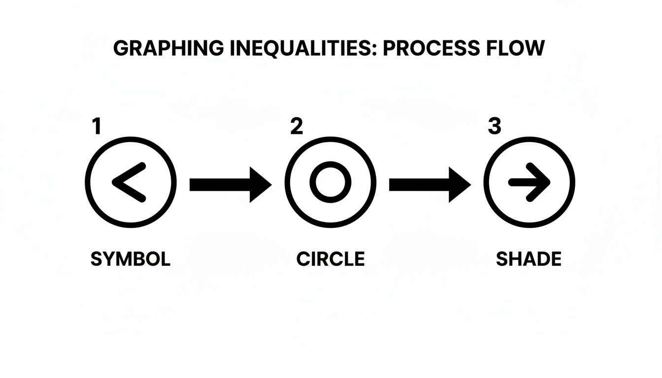 A process flow diagram illustrates three steps for graphing inequalities: symbol, circle, and shade.