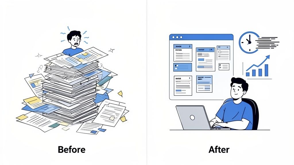 A person overwhelmed by physical documents before, efficiently processing digital invoices on a laptop after.