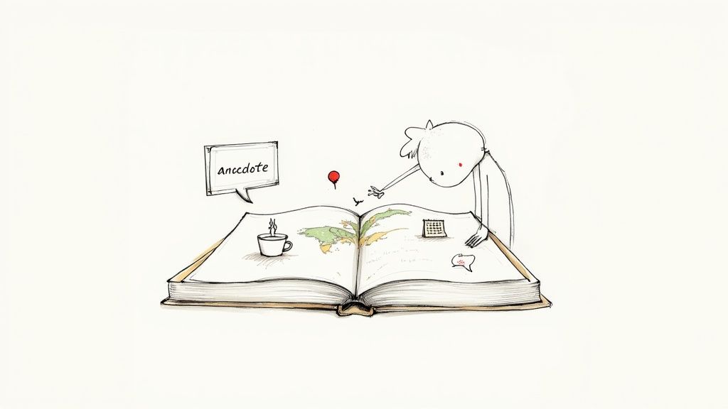 A minimalist illustration shows a character looking at an open book with a map, a coffee cup, and an "anecdote" speech bubble.