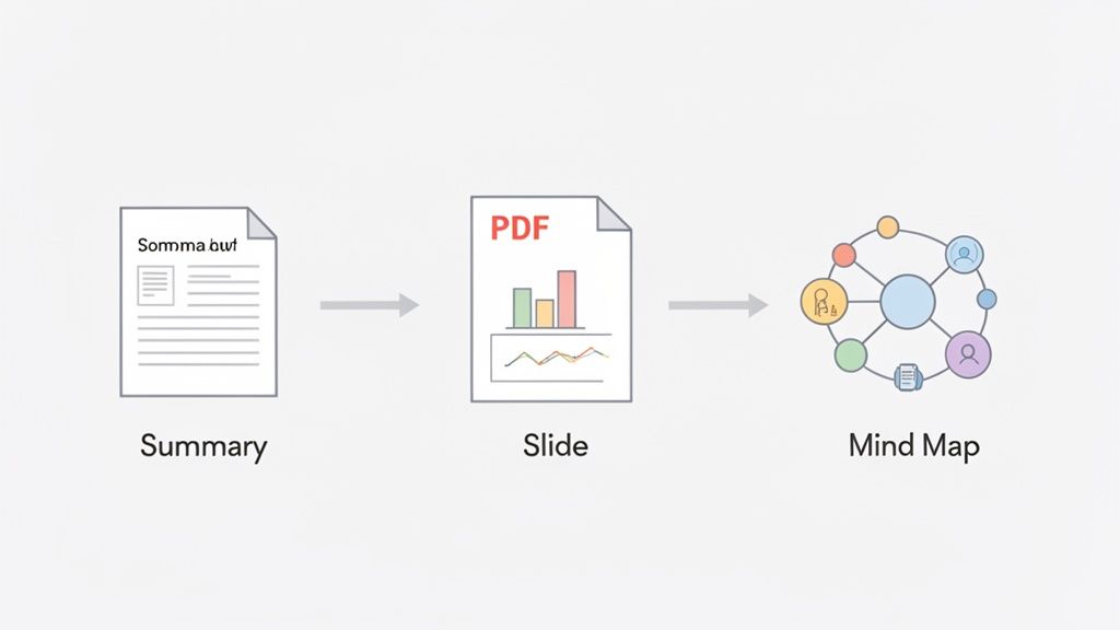 A diagram illustrating the transformation process from a summary document to a PDF slide and finally to a mind map.