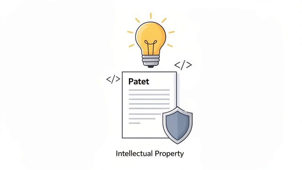 Lightbulb, patent document with shield, and code symbols illustrate the concept of intellectual property.