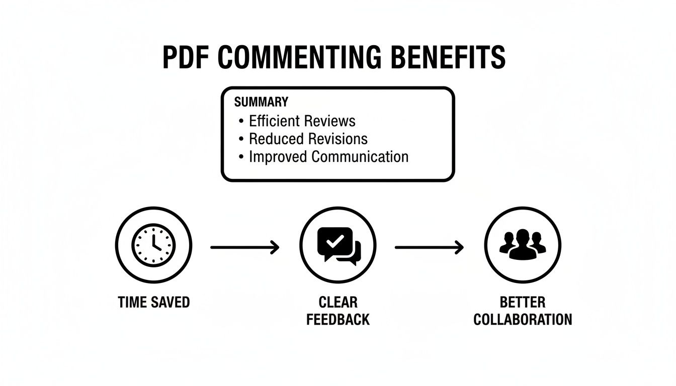 Infographic illustrating the benefits of PDF commenting, leading to time saved and better collaboration.
